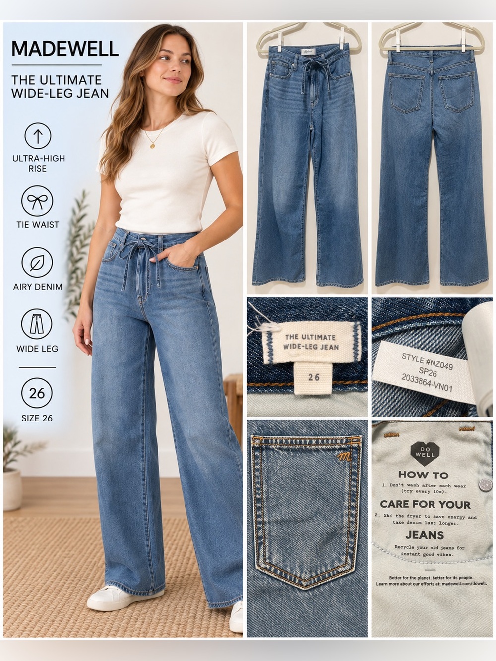 NWOT Madewell Ultimate Wide-Leg Airy Denim Jeans Pickett Wash Size 26